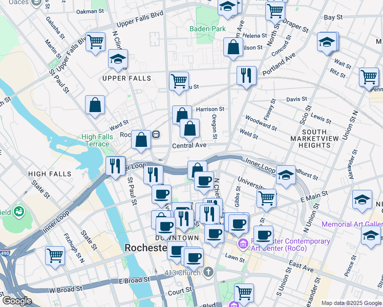 map of restaurants, bars, coffee shops, grocery stores, and more near 395 Central Avenue in Rochester