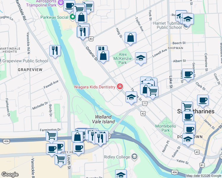 map of restaurants, bars, coffee shops, grocery stores, and more near 8 Thairs Avenue in St. Catharines