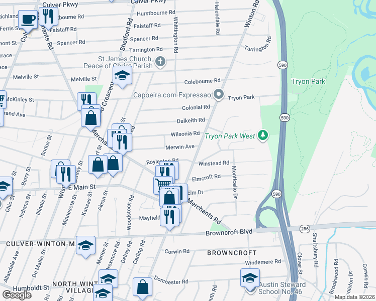 map of restaurants, bars, coffee shops, grocery stores, and more near 189 Merwin Avenue in Rochester