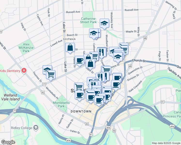 map of restaurants, bars, coffee shops, grocery stores, and more near 1 Clark Street in St. Catharines