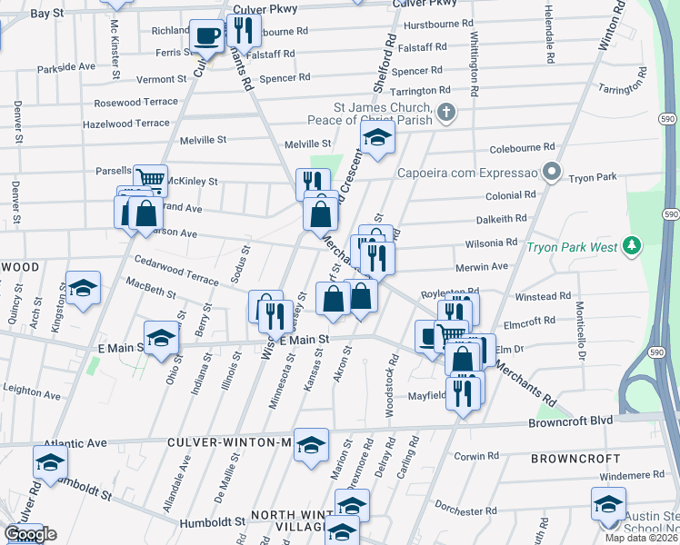 map of restaurants, bars, coffee shops, grocery stores, and more near 72 Mildorf Street in Rochester