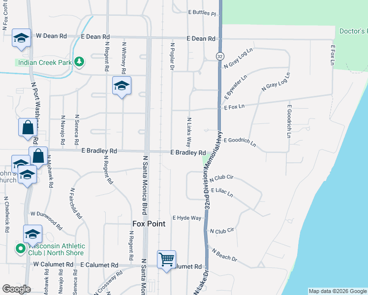 map of restaurants, bars, coffee shops, grocery stores, and more near 8001 North Links Way in Fox Point