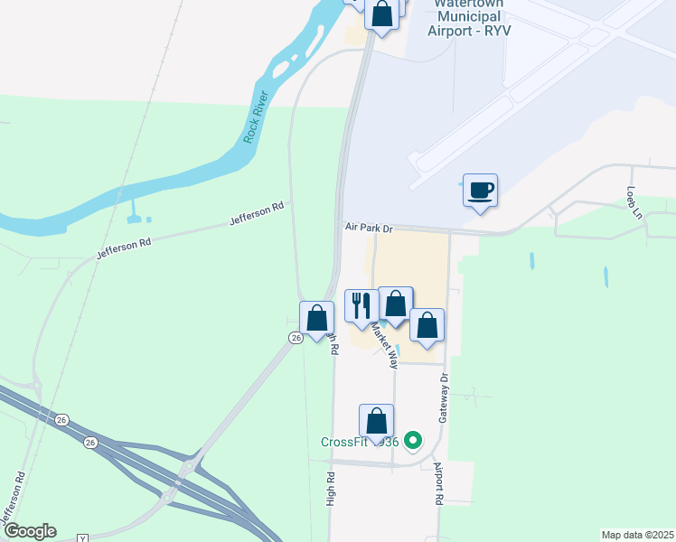 map of restaurants, bars, coffee shops, grocery stores, and more near State Highway 26 Business in Watertown