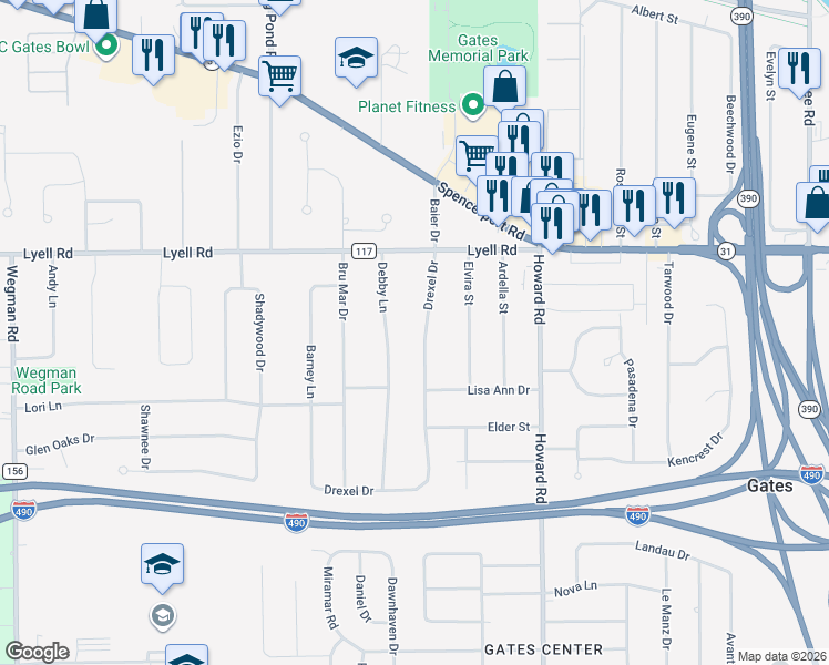 map of restaurants, bars, coffee shops, grocery stores, and more near 23 Drexel Drive in Rochester
