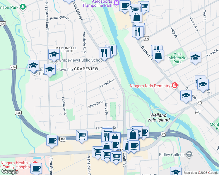 map of restaurants, bars, coffee shops, grocery stores, and more near 31 Coronation Boulevard in St. Catharines