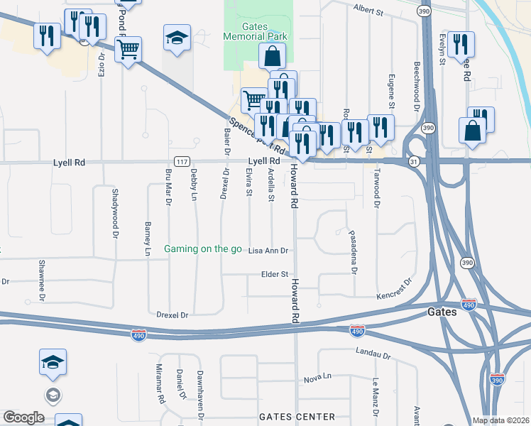 map of restaurants, bars, coffee shops, grocery stores, and more near 105 Ardella Street in Rochester