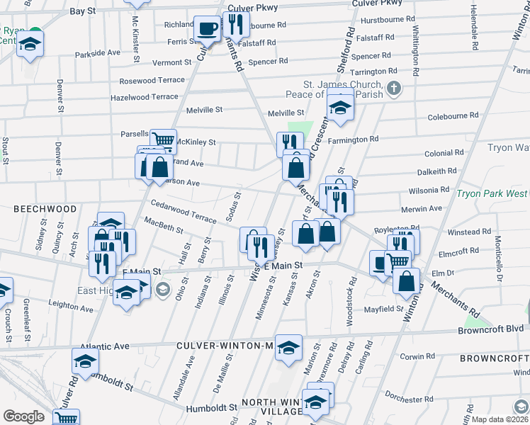 map of restaurants, bars, coffee shops, grocery stores, and more near 56 Schanck Avenue in Rochester