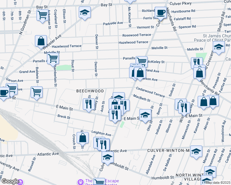 map of restaurants, bars, coffee shops, grocery stores, and more near 287 Cedarwood Terrace in Rochester