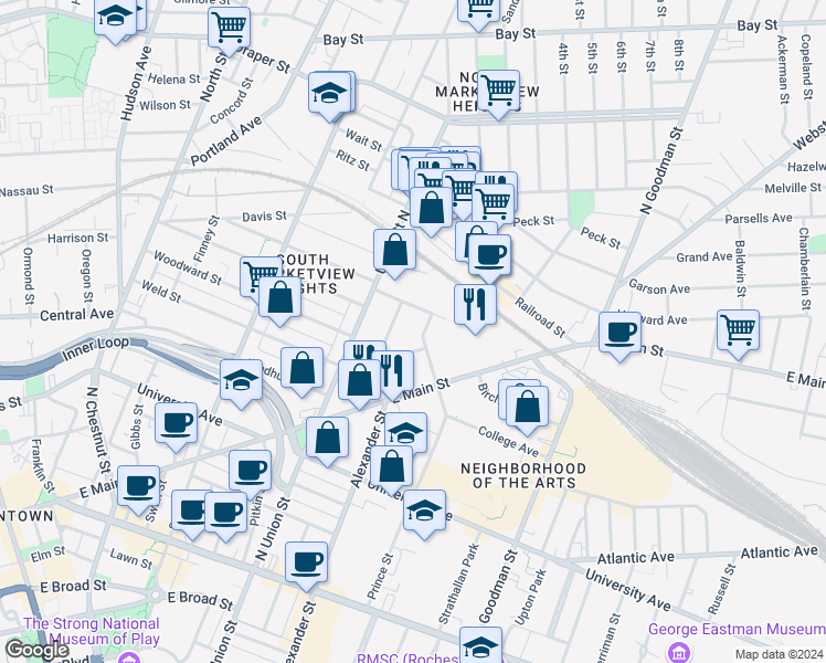 map of restaurants, bars, coffee shops, grocery stores, and more near 93 Prince Street in Rochester