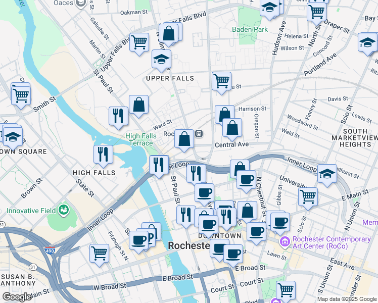 map of restaurants, bars, coffee shops, grocery stores, and more near in Rochester