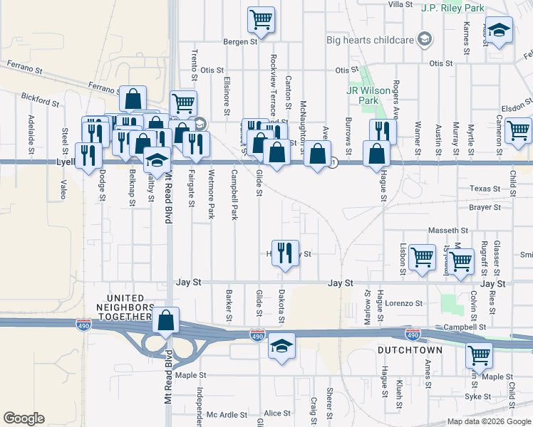 map of restaurants, bars, coffee shops, grocery stores, and more near 554 Glide Street in Rochester