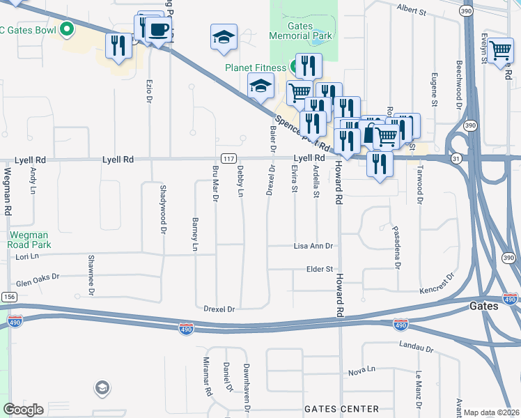 map of restaurants, bars, coffee shops, grocery stores, and more near 23 Drexel Drive in Rochester
