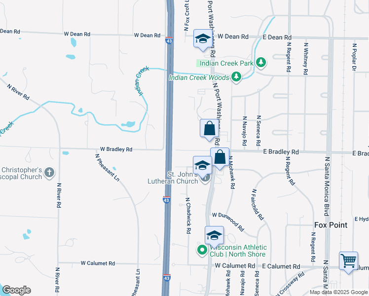 map of restaurants, bars, coffee shops, grocery stores, and more near 8755 North Port Washington Road in Fox Point