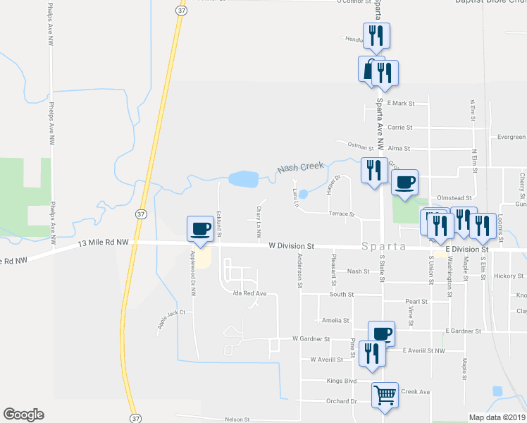 map of restaurants, bars, coffee shops, grocery stores, and more near 50 Chary Lane in Sparta