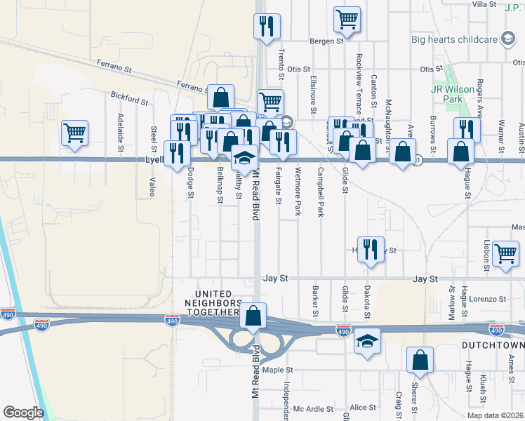 map of restaurants, bars, coffee shops, grocery stores, and more near 588 Mount Read Boulevard in Rochester