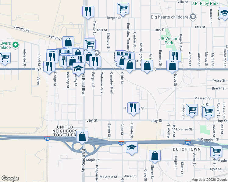 map of restaurants, bars, coffee shops, grocery stores, and more near 144 Campbell Park in Rochester
