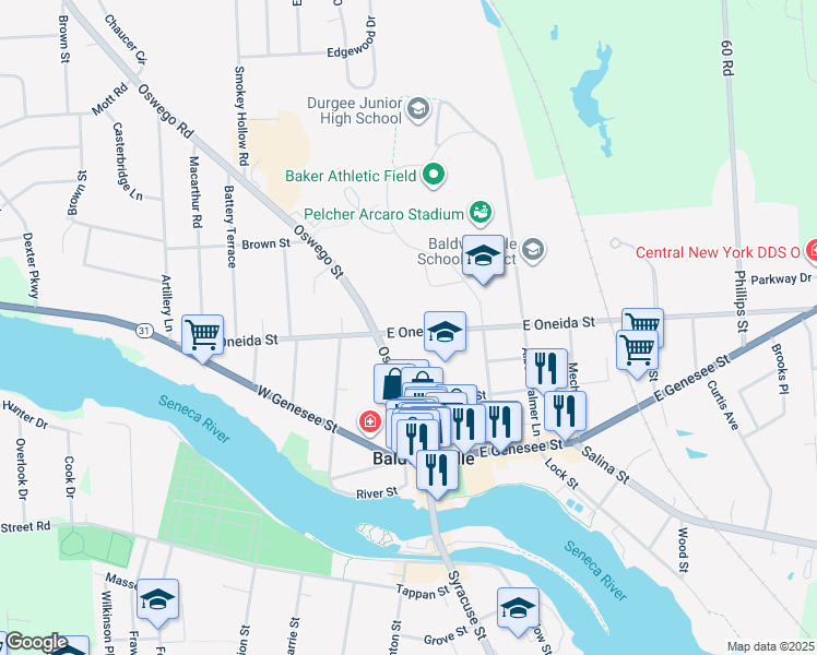 map of restaurants, bars, coffee shops, grocery stores, and more near 7 East Oneida Street in Baldwinsville