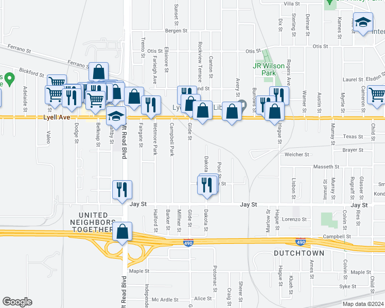 map of restaurants, bars, coffee shops, grocery stores, and more near 554 Glide Street in Rochester