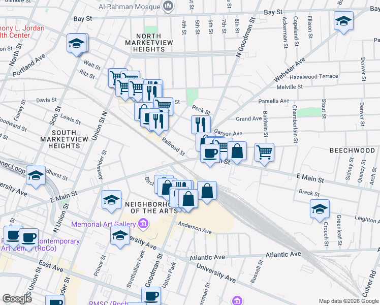 map of restaurants, bars, coffee shops, grocery stores, and more near 1046 East Main Street in Rochester