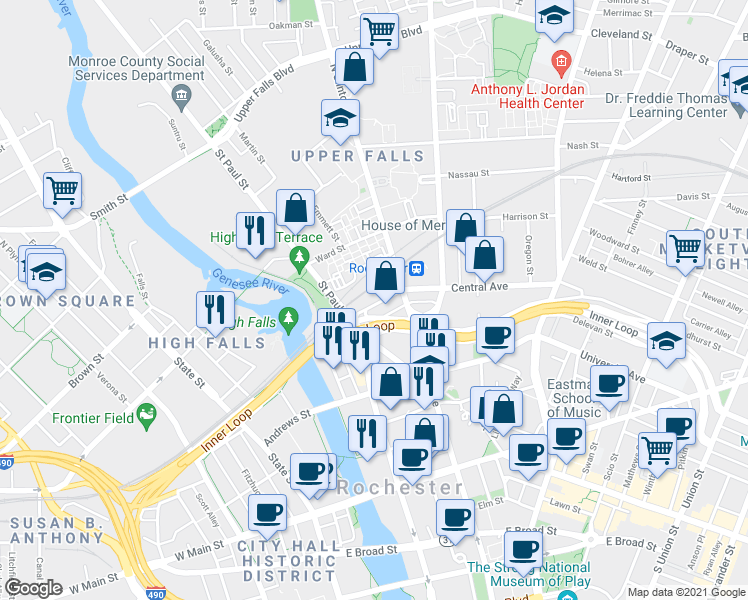 map of restaurants, bars, coffee shops, grocery stores, and more near 270 Central Avenue in Rochester