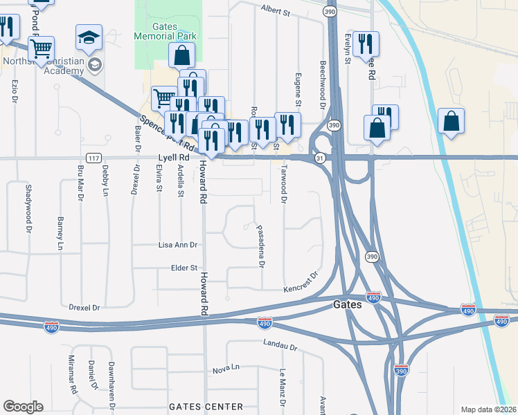map of restaurants, bars, coffee shops, grocery stores, and more near 25 Pasadena Dr in Rochester