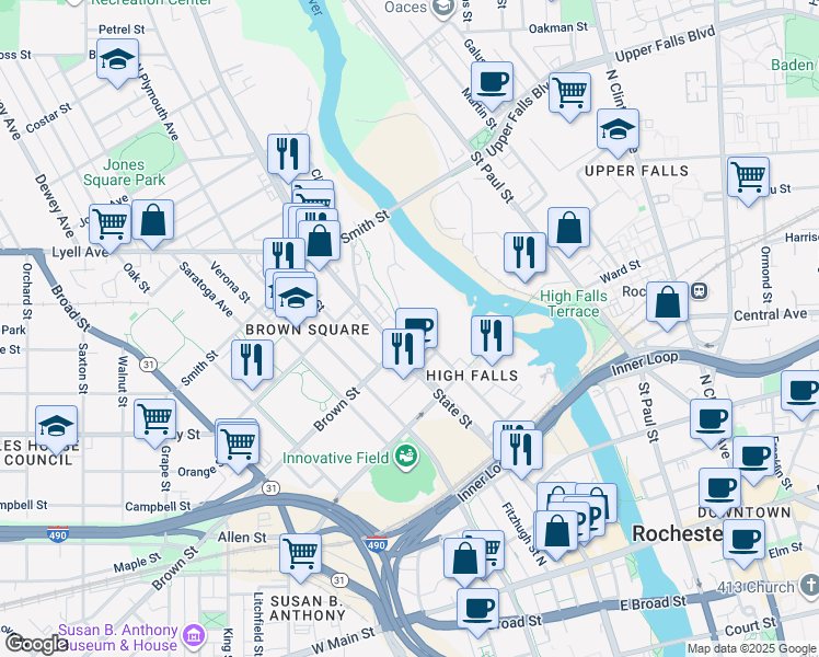 map of restaurants, bars, coffee shops, grocery stores, and more near 296 Mill Street in Rochester