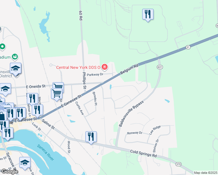 map of restaurants, bars, coffee shops, grocery stores, and more near 34 White Chapel Road in Baldwinsville