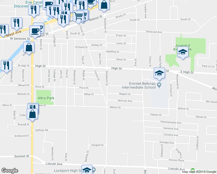map of restaurants, bars, coffee shops, grocery stores, and more near 441 Washburn Street in Lockport