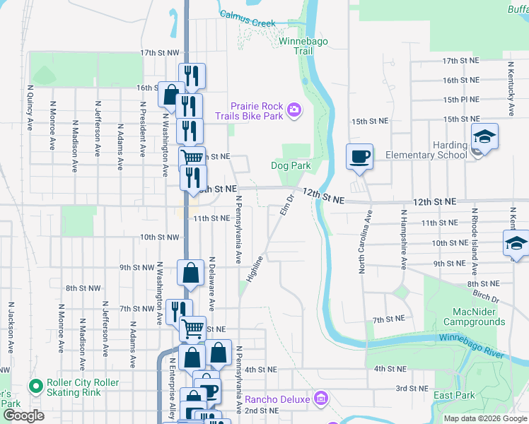 map of restaurants, bars, coffee shops, grocery stores, and more near 1108 North Georgia Avenue in Mason City