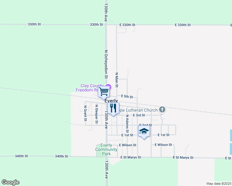 map of restaurants, bars, coffee shops, grocery stores, and more near 501 North Main Street in Everly