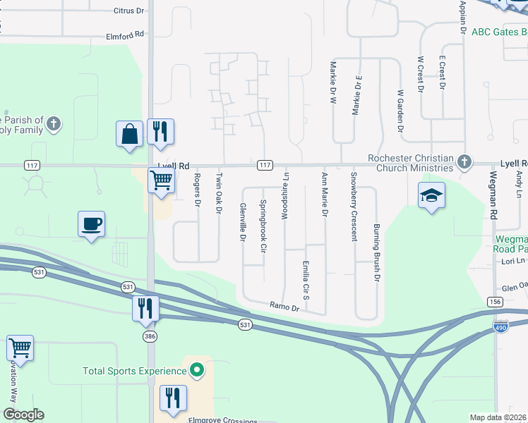 map of restaurants, bars, coffee shops, grocery stores, and more near 17 Springbrook Circle in Rochester