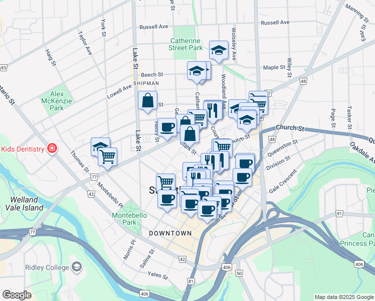 map of restaurants, bars, coffee shops, grocery stores, and more near 1 Clark Street in St. Catharines