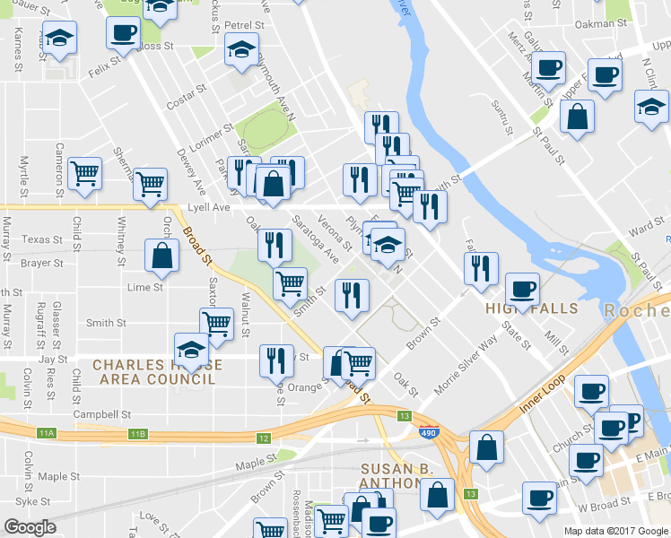 map of restaurants, bars, coffee shops, grocery stores, and more near 414 Smith Street in Rochester