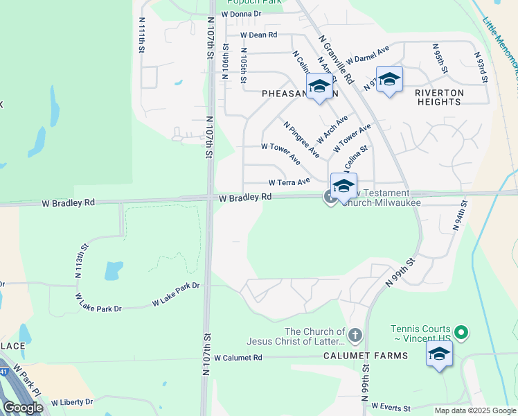 map of restaurants, bars, coffee shops, grocery stores, and more near 10401 West Bradley Road in Milwaukee