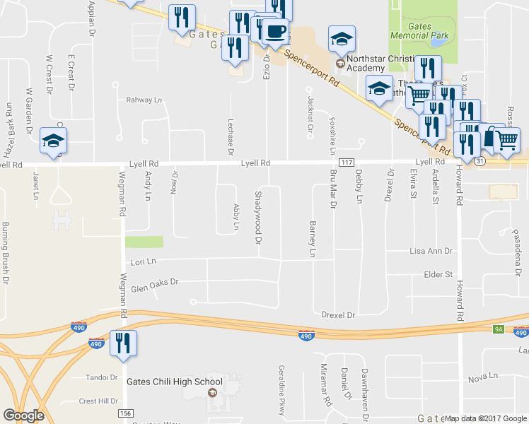 map of restaurants, bars, coffee shops, grocery stores, and more near 18 Shadywood Drive in Rochester