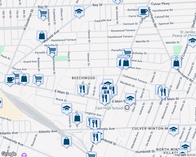 map of restaurants, bars, coffee shops, grocery stores, and more near 233 Cedarwood Terrace in Rochester