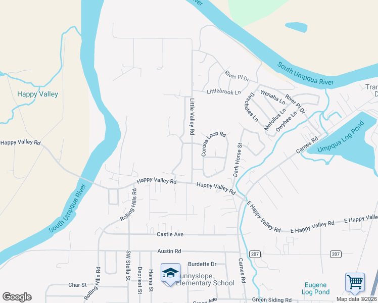 map of restaurants, bars, coffee shops, grocery stores, and more near 234 Little Valley Road in Roseburg