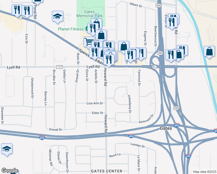 map of restaurants, bars, coffee shops, grocery stores, and more near 110 Howard Road in Rochester