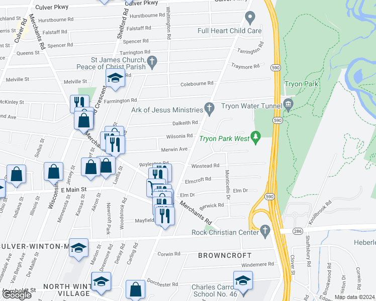 map of restaurants, bars, coffee shops, grocery stores, and more near 881 Winton Road North in Rochester