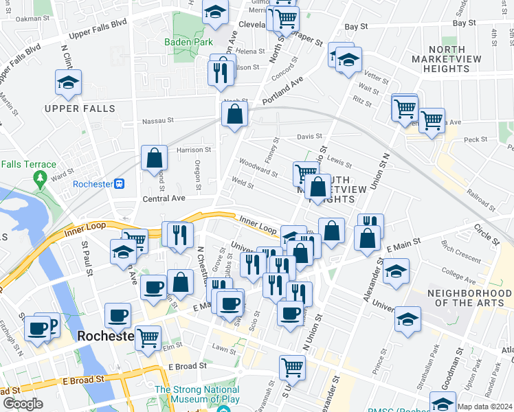 map of restaurants, bars, coffee shops, grocery stores, and more near 86 Lyndhurst Street in Rochester