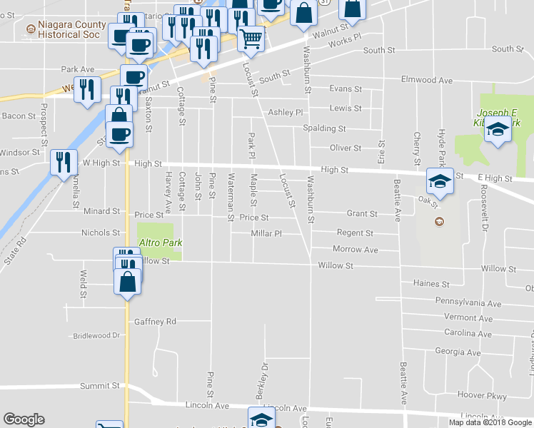 map of restaurants, bars, coffee shops, grocery stores, and more near 216 Price Street in Lockport