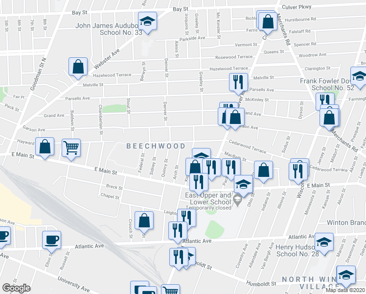 map of restaurants, bars, coffee shops, grocery stores, and more near 110 Arch Street in Rochester