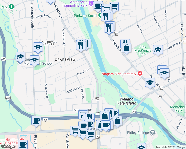 map of restaurants, bars, coffee shops, grocery stores, and more near 63 Martindale Road in St. Catharines
