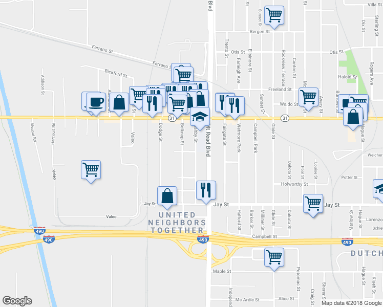 map of restaurants, bars, coffee shops, grocery stores, and more near 147 Maltby Street in Rochester