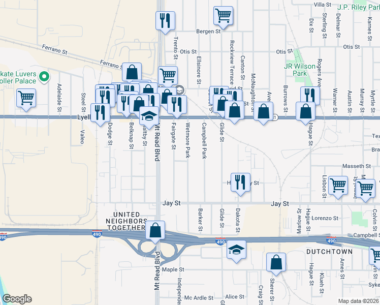 map of restaurants, bars, coffee shops, grocery stores, and more near 150 Wetmore Park in Rochester