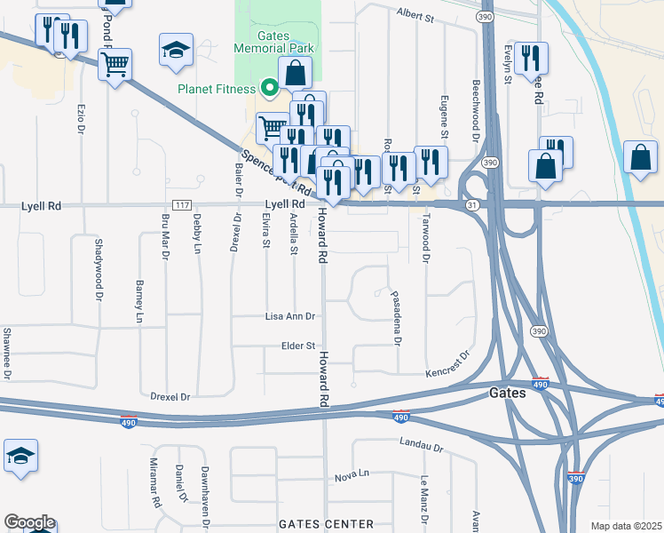 map of restaurants, bars, coffee shops, grocery stores, and more near 110 Howard Road in Rochester