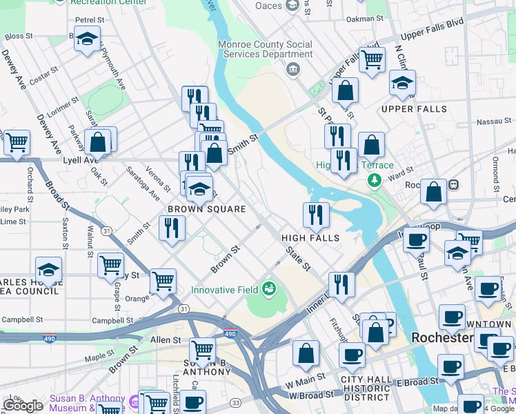 map of restaurants, bars, coffee shops, grocery stores, and more near 426 State Street in Rochester