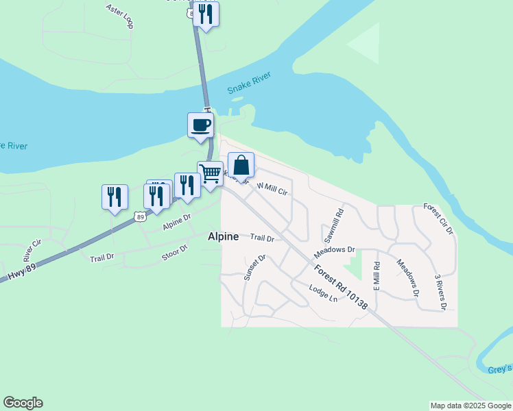 map of restaurants, bars, coffee shops, grocery stores, and more near 104-108 Grey's River Rd in Alpine