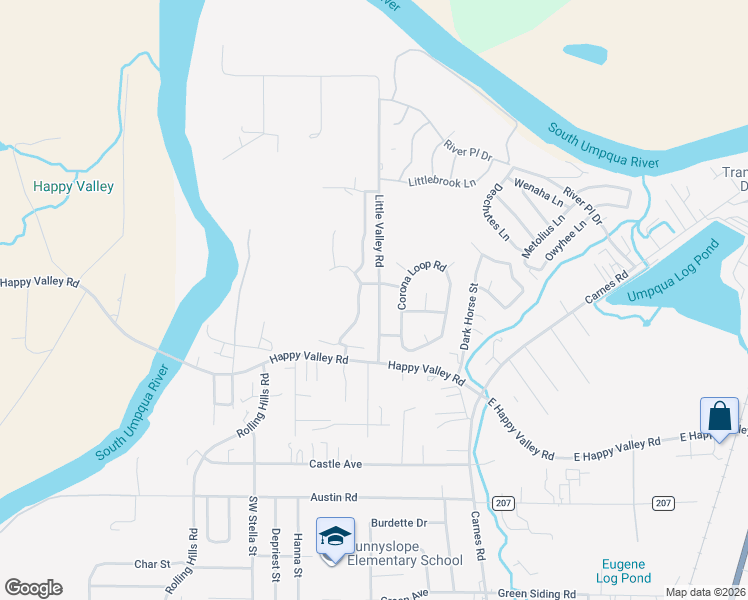 map of restaurants, bars, coffee shops, grocery stores, and more near 234 Little Valley Road in Roseburg