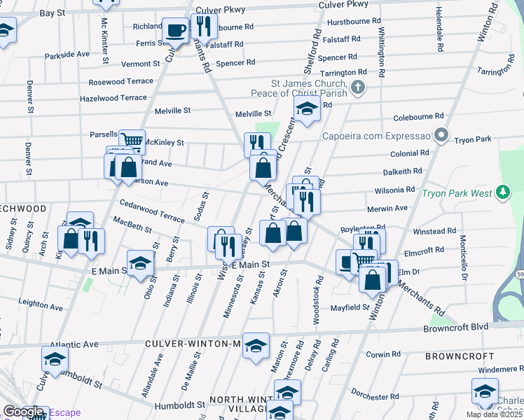 map of restaurants, bars, coffee shops, grocery stores, and more near 119 Jersey Street in Rochester